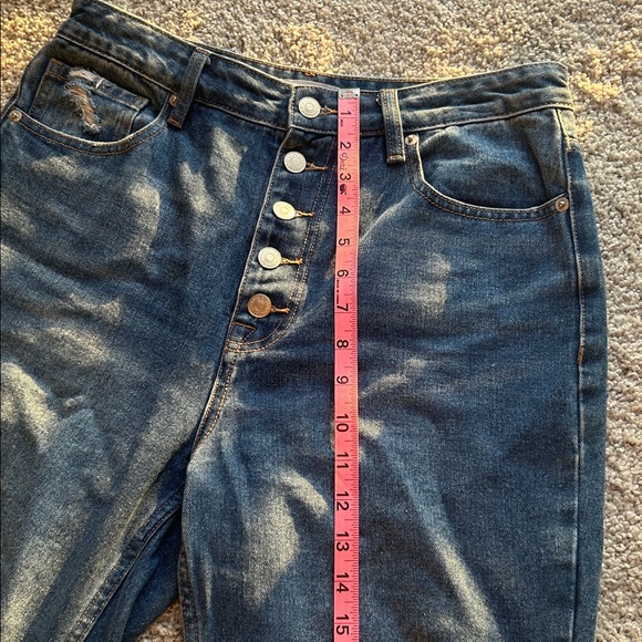 Forever 21 High-Rise Distressed Button-Fly Jeans - Medium/Dark Blue - Picture 7 of 10